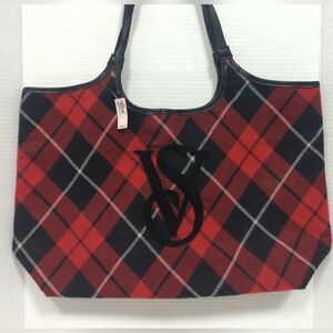 Victoria's Secret Fashion Plaid Shoulder Tote Large Red Black Classic City